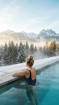 Young Caucasian woman enjoys relaxing in a steaming outdoor pool with stunning snowy mountains and pine trees in the background on a peaceful winter morning. Spa background vertical. Spring vacation