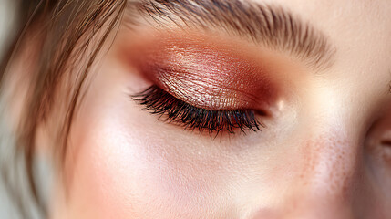 Portrait of a woman with metallic eyeshadow, defined lashes, and artistic lighting, designed for modern beauty branding and creative campaigns.