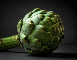 Obraz premium Green artichoke with stem, against dark background, close-up