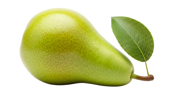 Single fresh green pear fruit with leaf on transparent background