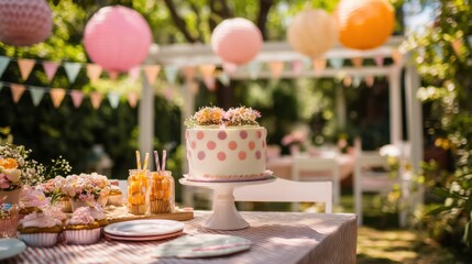 A vibrant garden party is set up with a beautifully decorated table featuring a cake and cupcakes. The scene is enhanced by colorful lanterns and bunting perfect for an afternoon celebration.