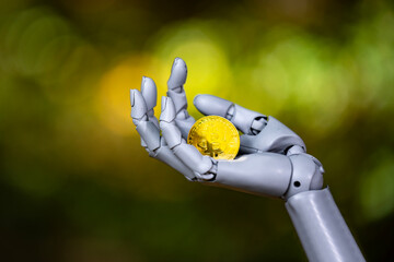 Bitcoin in robotic hand. Bitcoin crypto trading. Bitcoin AI blockchain. Bitcoin crypto AI...