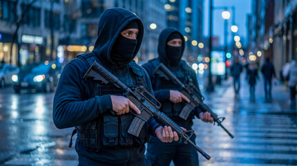 Obraz premium Armed individuals in tactical gear stand alert on a city street at dusk, showcasing a serious atmosphere of security and vigilance in an urban environment