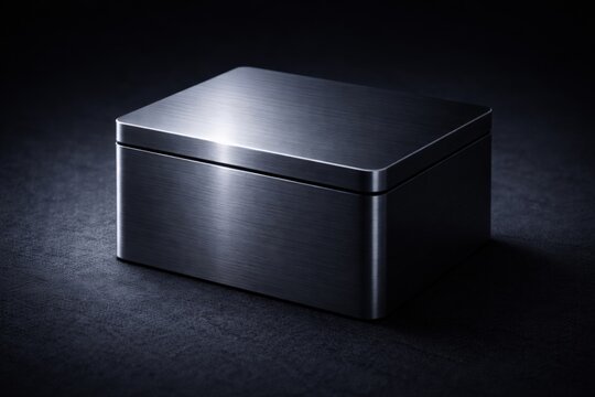 Minimalist image of a closed rectangular brushed metal box placed on a dark surface, symbolizing security, storage, modern design, or industrial packaging.