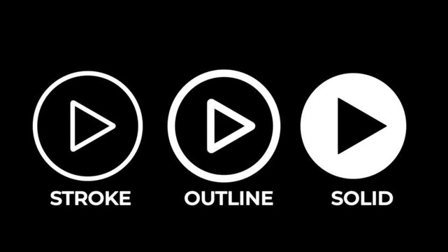 Play icon with editable stroke, outline and solid styles. Vector icon for ui design, media, video playback and multimedia icon animated with black background.