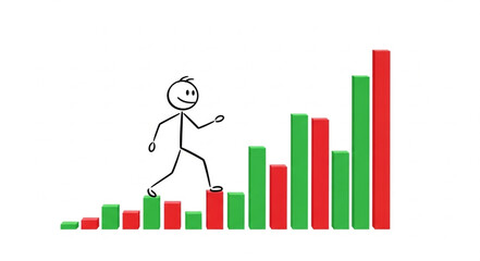Stick figure climbing a rising bar graph representing success.