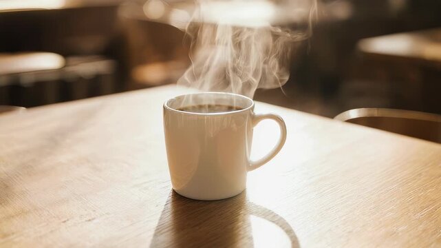 Steaming white mug of dark coffee on a wooden table, blurred background