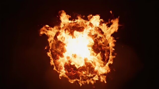 A fiery ball of flames burning brightly against a dark background with sparks and embers flying everywhere in a closeup view