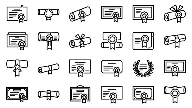 Certificate icons with ribbons and seals.