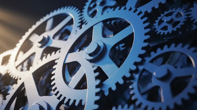 Closeup of interlocking metal gears with blue and gold lighting effects on surface