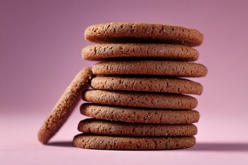 A neat stack of gingerbread cookies without decoration, rustic brown tones against a pastel background, HD detail