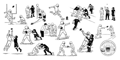 アメリカンフットボールの基本動作と人物ポーズ 線画イラスト集、American Football Basic Actions and Player Poses Line Illustration Set © MEG-MEG