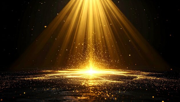 Abstract symbolic light concept representing hope and success, glowing golden light emerging from darkness, soft particles floating in the air, cinematic volumetric lighting, minimal composition, prem