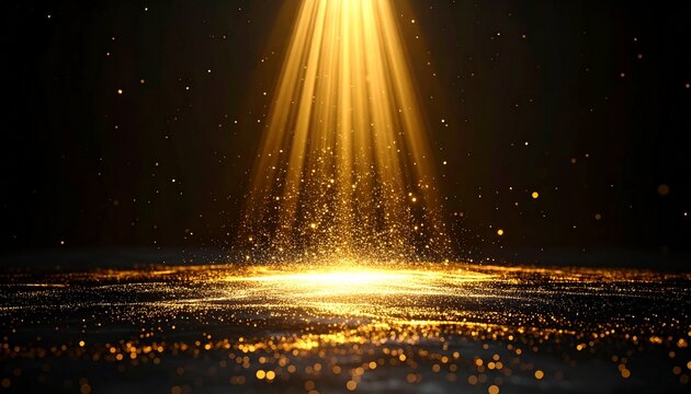 Abstract symbolic light concept representing hope and success, glowing golden light emerging from darkness, soft particles floating in the air, cinematic volumetric lighting, minimal composition, prem