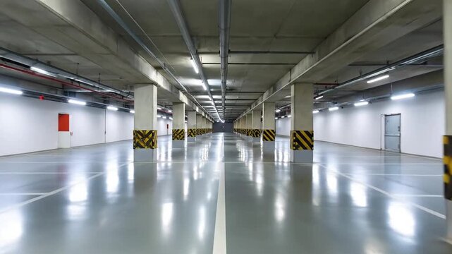 Long perspective of a modern, empty parking garage with pillars, lights, and a glossy floor