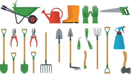 Gardening tools illustration set with shovel rake gloves watering can wheelbarrow boots pruners and spray bottle © Mostafijur