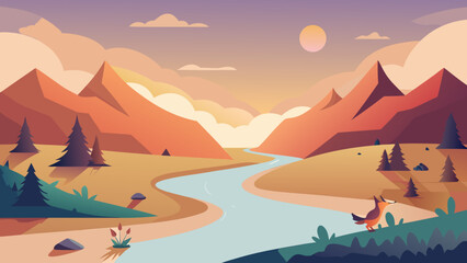 Minimal River Valley with Wildlife Vector Illustration © MdSzzad