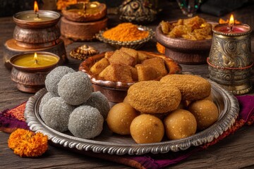 traditional silver plate with Indian sweets like ladoo and barfi surrounded by diyas and marigold flowers, soft festive lighting, no text.