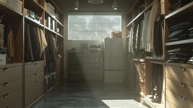 Cinematic interior view of a home supply storage room, structured organization and visual harmony, clean lines and subtle shadows, controlled lighting, realistic cinematic detail, high-end editorial 