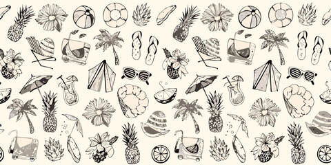 Summer themed illustrations a repeating pattern of beach and tropical items © Ajay