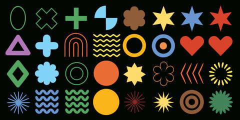 Obraz premium Colorful geometric shapes and icons arranged in a grid pattern