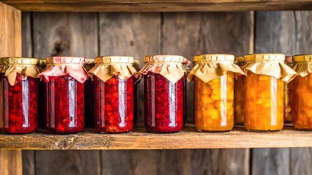 Jars of preserved fruits and condiments on wooden shelves. Colorful preserves on display