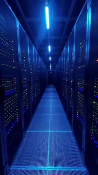A Glimpse into a High-Tech Data Center Featuring Rows of Servers Illuminated by Blue Lights, Highlighting Modern Technology and Storage Solutions
