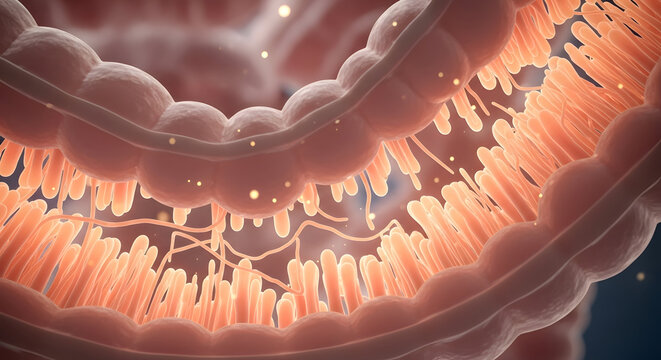 Intricate microscopic view of healthy human intestinal lining with detailed villi structures and glowing nutrient particles representing vital absorption processes.