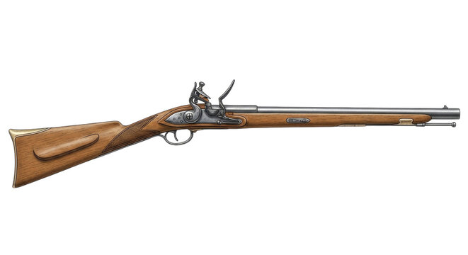 Vintage flintlock pistol, antique handgun, historical firearm, cutout isolated on transparent bg, png