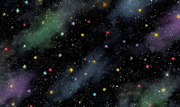 comic illustration. space. black galaxy with green, red, yellow, blue, and purple stars.