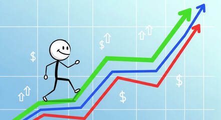 Stick Figure Climbing Upward Trend Graph.