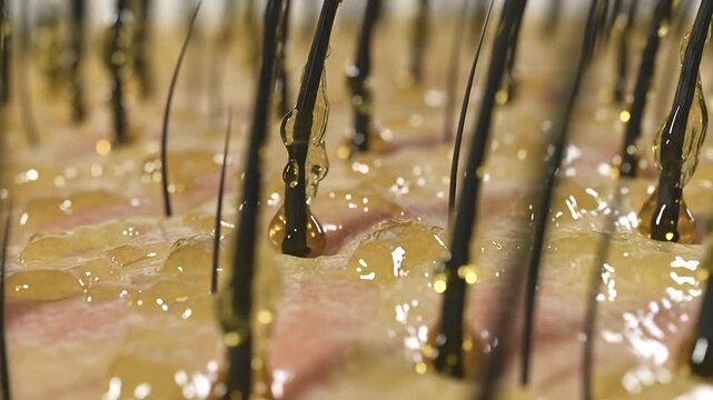 酸化した皮脂汚れがついた頭皮のアニメーション　3DCGイラストの顕微鏡イメージ