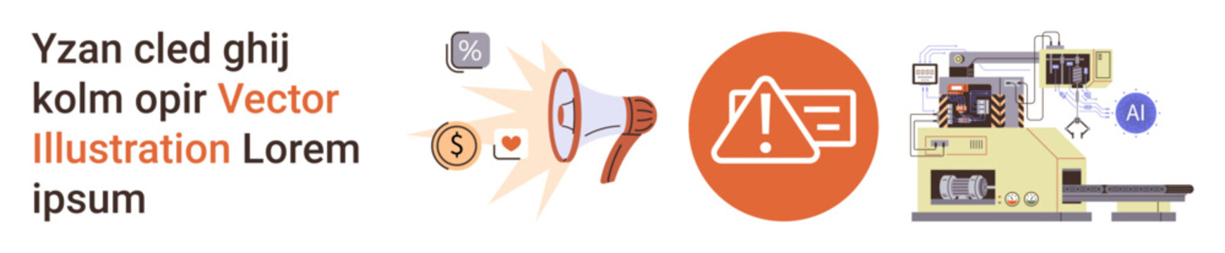 Content moderation, online security, AI oversight, data analysis, media management, digital alerts. A megaphone, warning sign and AI-driven systems. Content moderation and online security