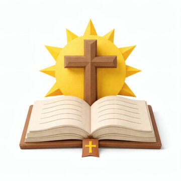 Sacred Symbolism: A beautifully crafted representation of faith with open bible, a prominent cross, and a radiant sun, all in a harmonious arrangement that reflects the core tenets of belief.