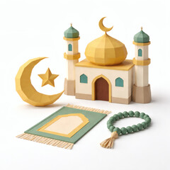 Geometric Eid Composition: A serene, geometric composition, featuring a mosque, crescent moon, star, prayer rug, and prayer beads, symbolizing the essence of Eid.