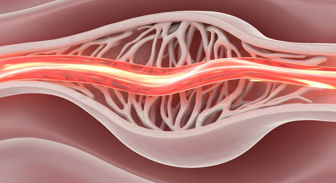 Detailed anatomical illustration depicting a glowing red energy signal flowing through a complex network of white neural fibers within a pinkish tissue structure representing microscopic human