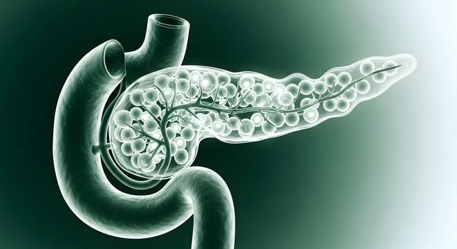 Pancreas internal organ 3D render clearly illustrates translucent cellular structures and intricate ductal network on a scientific teal gradient background for detailed medical study.