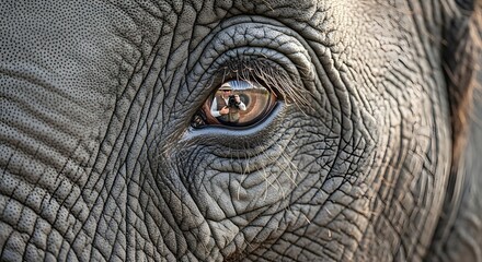 Fototapeta premium Close up of an elephant's eye with detailed wrinkled skin and a brown iris looking directly at the camera