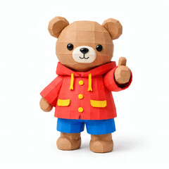 Playful Bear's Approval: This image showcases a charming, paper-crafted bear figure. Dressed in a bright red hoodie and blue shorts, it's captured in an endearing pose.