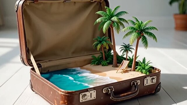 3D Render Animation of Miniature Tropical Beach Paradise Inside Vintage Suitcase - Vacation Concept