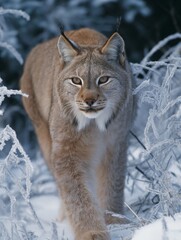 close-up of an alaskan lynx in a winter landscape