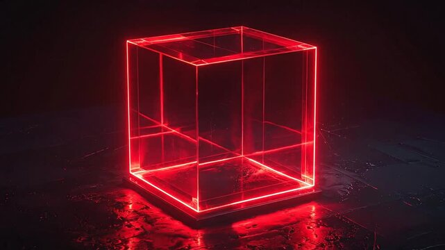 Illuminated translucent cube emits red glow, resting on a dark, wet surface. Black background