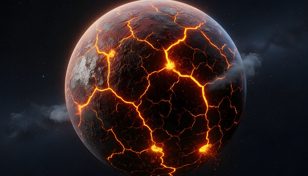 A dramatic close-up of a fiery, cracked planet with glowing lava fissures and smoke plumes against a dark cosmic background.