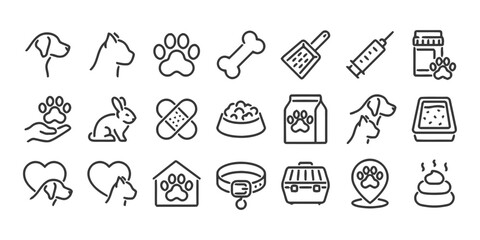 Set of linear icons of pets and veterinary on white background with editable stroke for design and decoration in modern style