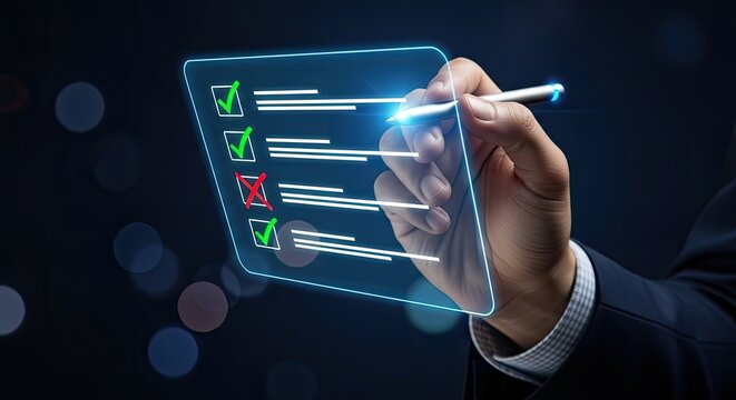 Businessman checking off tasks on a futuristic digital checklist interface.