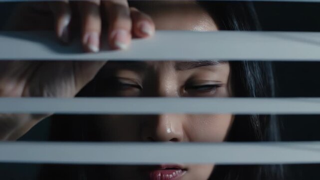 Closeup of a woman looking through blinds with a worried expression on her face in a dark room