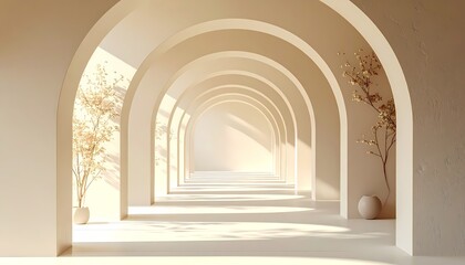Fototapeta premium Arched Hallway with Light and Plant Decoration