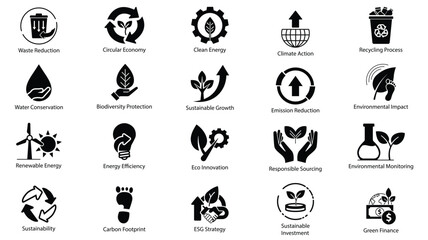 Sustainability and ESG Silhouette Vector Icons for Green Business and Environmental Strategy