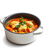 Pot of stew with meat, carrots, and peas, garnished with parsley, sitting on a white background