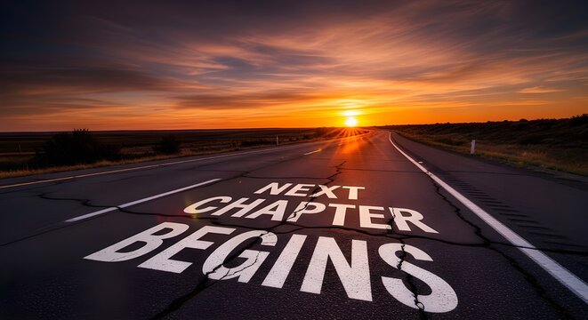 Motivational message painted on dark asphalt road signaling a brand new journey awaits at sunset